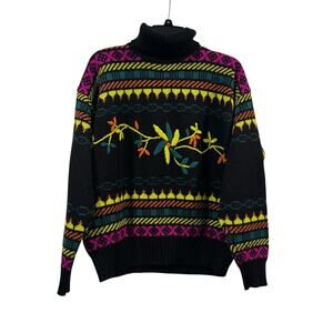 Vintage Obermeyer Wool Blend Embroidered Floral Winter Turtleneck Ski Sweater L